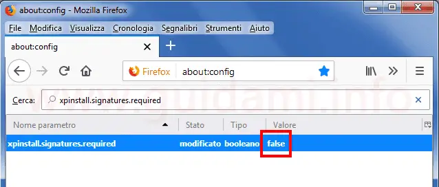 Firefox pagina about config per disattivare la firma delle estensioni