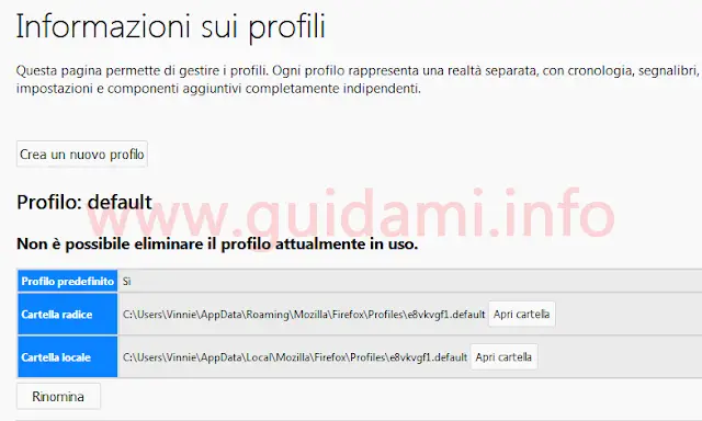 Firefox pagina gestione profili utente e pulsante per creare un nuovo profilo