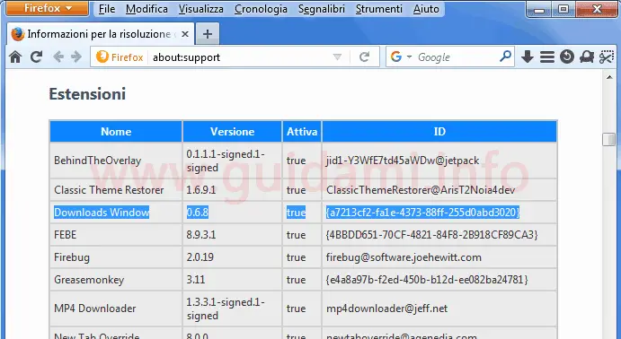 Firefox pagina interna con lista delle estensioni installate e loro ID