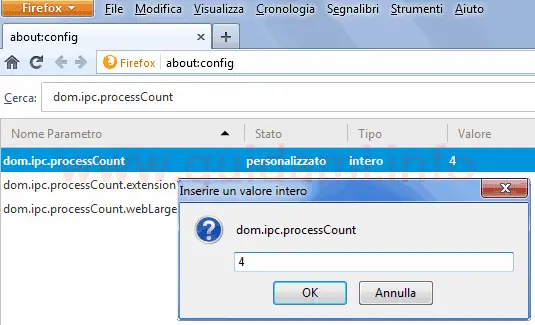 Firefox pagina parametri aboutconfig cambiare numero processi multipli