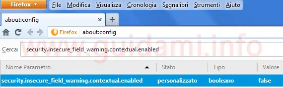 Firefox parametro aboutconfig per disattivare notifica questa connessione non è sicura