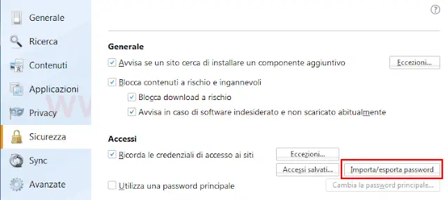 Firefox pulsante Importa-Esporta password nella scheda Sicurezza