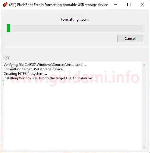 FlashBoot schermata avanzamento installazione Windows