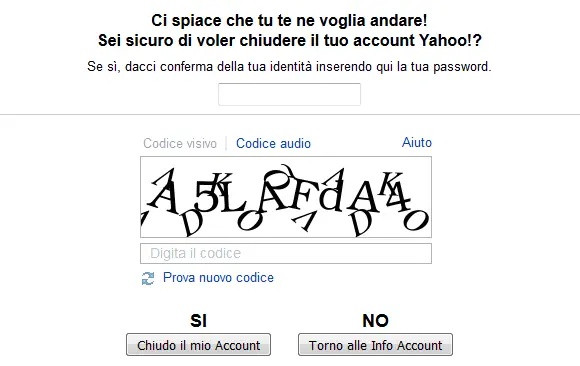 Form per chiudere l'account Yahoo