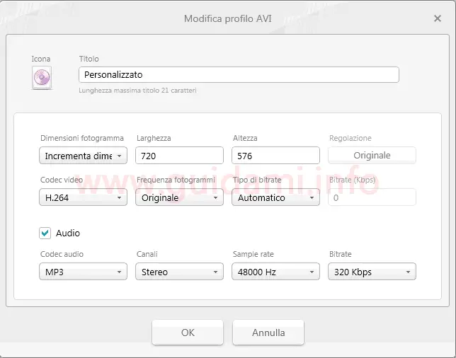 Freemake Video Converter finestra modifica parametri profilo conversione