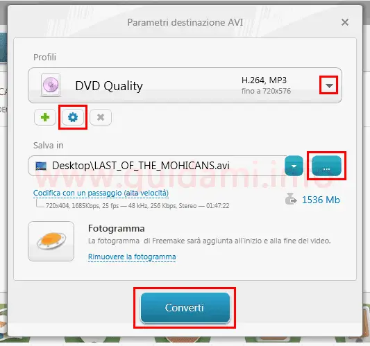 Freemake Video Converter finestra parametri di conversione