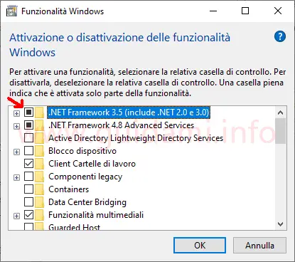 Finestra Funzionalità Windows funzionalità .NET Framework 3.5