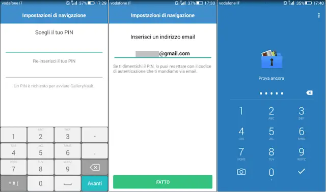 GalleryVault app Android settare e accedere all'app
