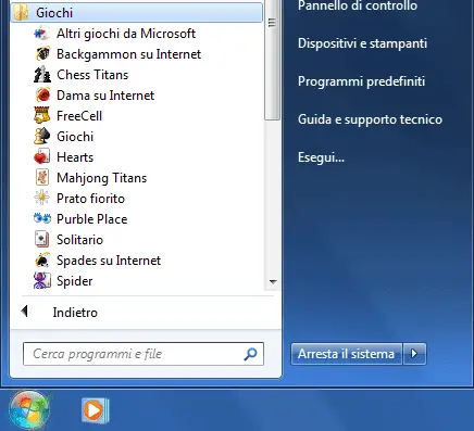 Giochi classici Windows 7 nel menu Start
