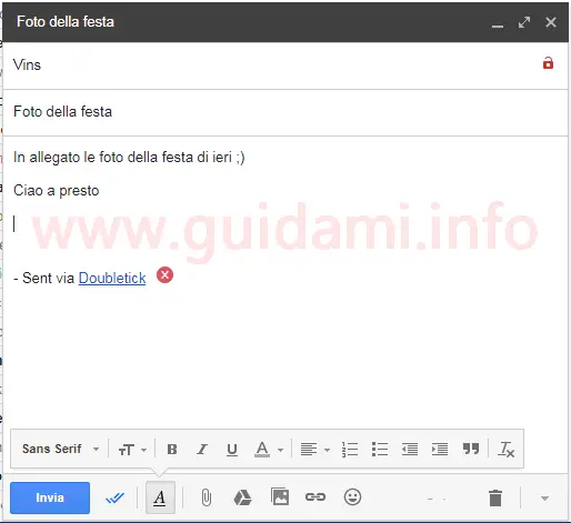 Gmail composizione email con link monitoraggio Doubletick