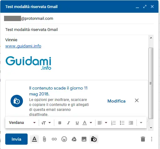Gmail email da inviare con attivata la Modalità riservata