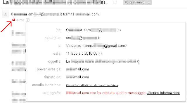 Gmail icona email non criptata da TLS