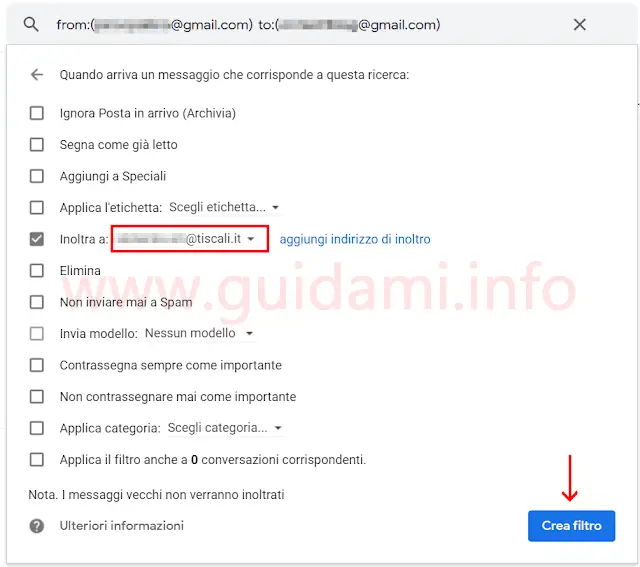 Gmail impostazione filtro inoltro email