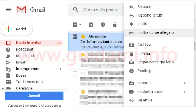 Gmail menu contestuale opzione Inoltra email come  allegato
