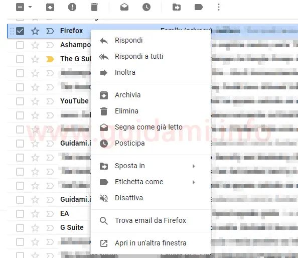 Gmail nuovo menu contestuale con più opzioni