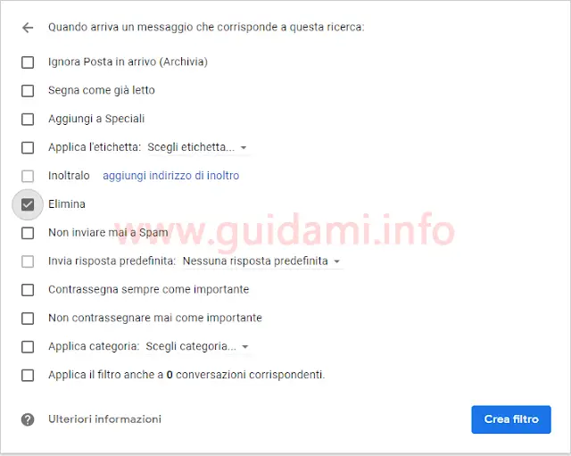 Gmail schermata azione filtro blocco email