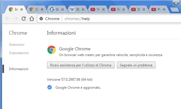 Google Chrome 57 pagina informazioni su Chrome