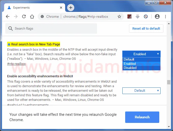 Google Chrome pagina chrome flags esperimento Real search box in New Tab Page