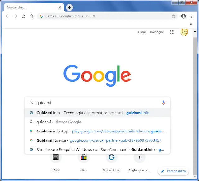 Google Chrome pagina Nuova scheda con attiva la vera ricerca Google
