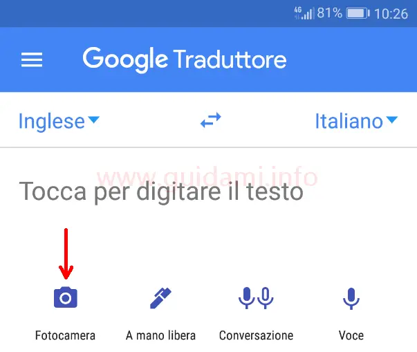 Google Traduttore app pulsante Fotocamera