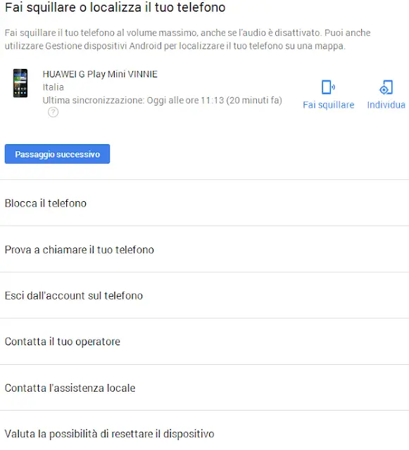 Google Trova il tuo telefono opzioni di gestione e localizzazione