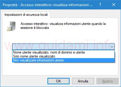 Gpedit opzione non visualizzare informazioni utente Windows