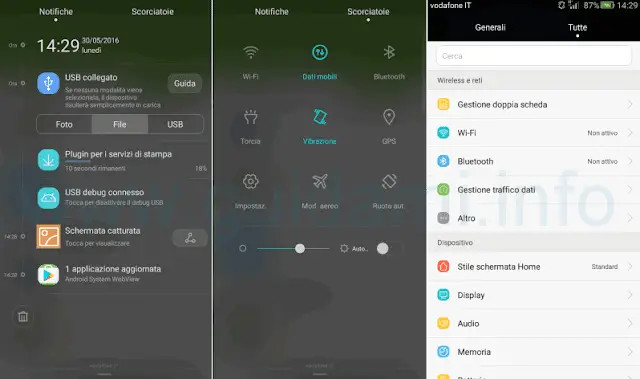 Huawei G Play Mini Android 5 schermata Notifiche, Scorciatoie, Impostazioni