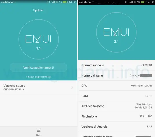 Huawei G Play Mini schermata Updater e info tel EMUI 3.1