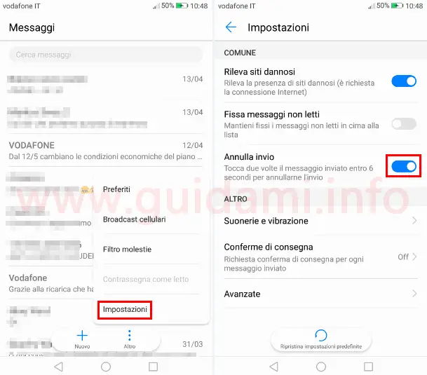 Huawei impostazioni messaggi opzione Annulla invio SMS