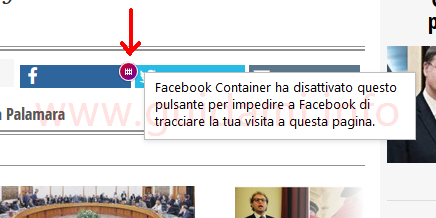 Icona cancelletto dell'addon Facebook Container su pulsante Facebook in Firefox
