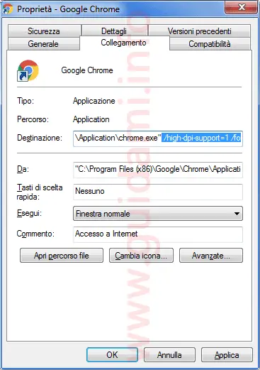 Icona avvio Chrome stringa dpi