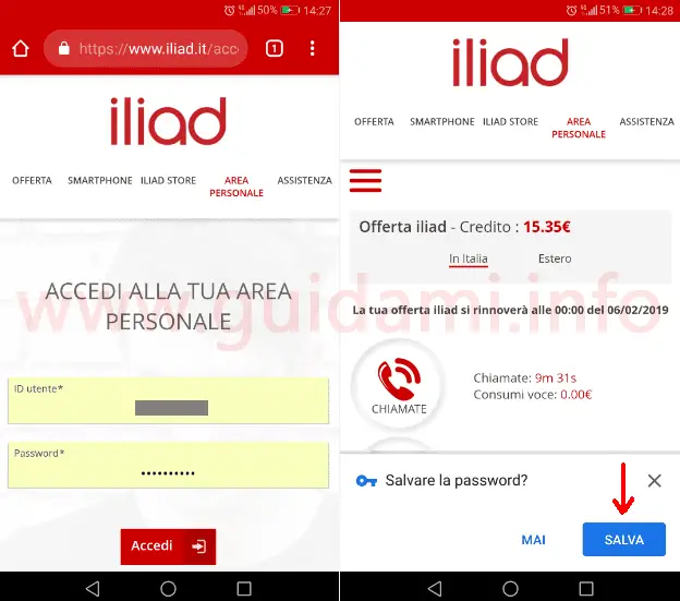 Iliad schermata sito accesso area personale e richiesta salvataggio password Chrome