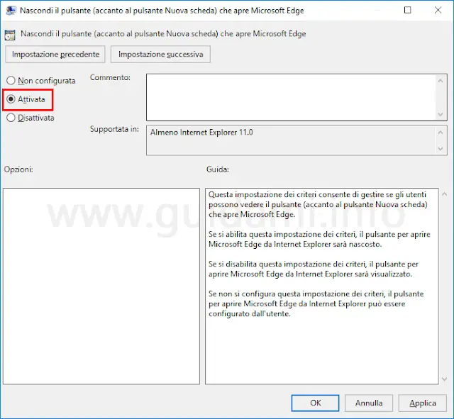 Impostazione Editor Criteri di gruppo locali per nascondere il pulsante Apri Microsoft Edge nella barra schede di Internet Explorer