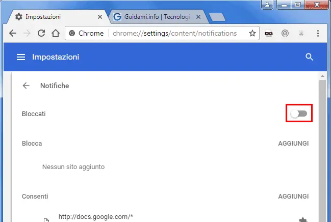 Impostazioni Chrome per disattivare tutte le notifiche dei siti internet