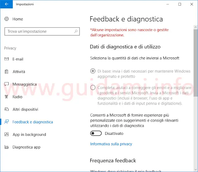 Impostazioni Feedback e diagnostica Windows 10 Creators Update