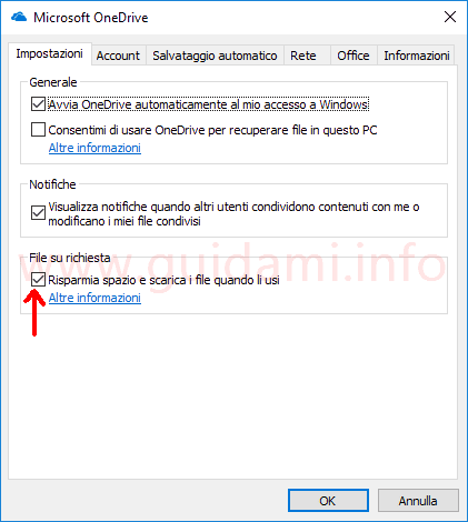 Impostazioni OneDrive Windows 10 attivare File su richiesta