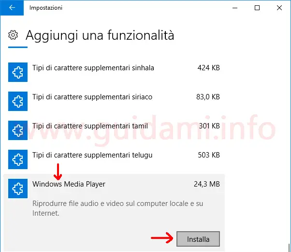 Impostazioni Windows 10 Aggiungi una funzionalità