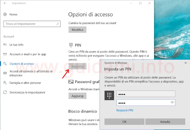 Impostazioni Windows 10 Opzioni di accesso PIN