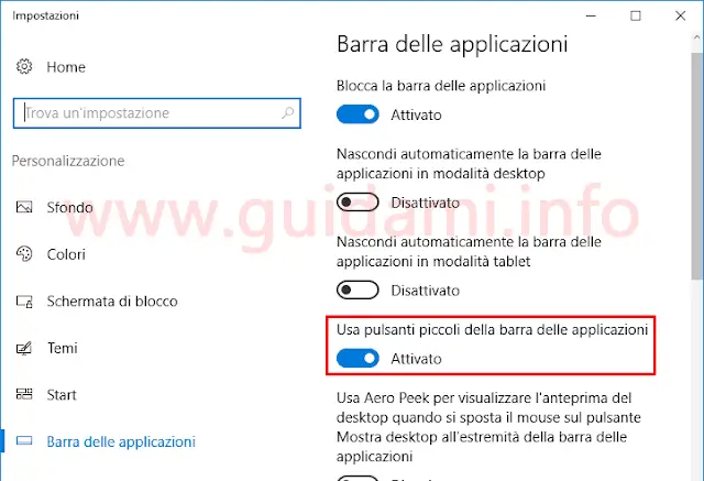 Impostazioni Windows 10 Usa pulsanti piccoli barra applicazioni