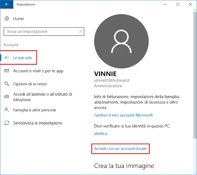 Impostazioni Windows 10 per accedere con account locale