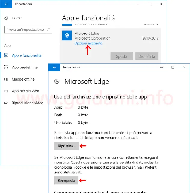 Impostazioni Windows 10 per resettare Microsoft Edge