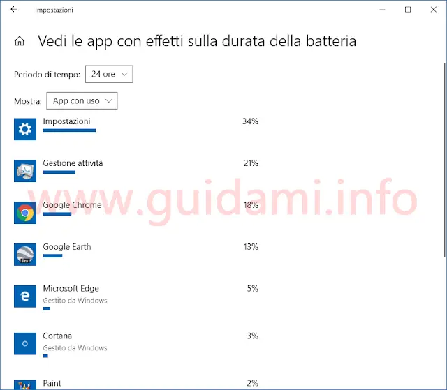 Impostazioni Windows 10 vedere consumo batteria da parte delle app