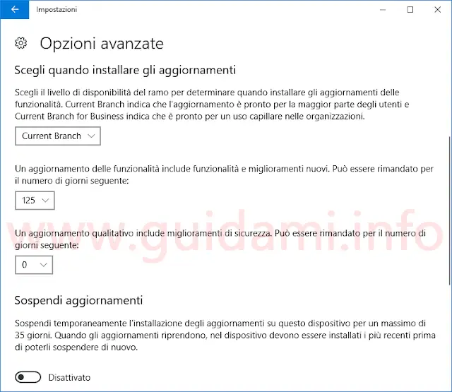 Impostazioni Windows Update Windows 10 per rimandare e sospendere aggiornamenti