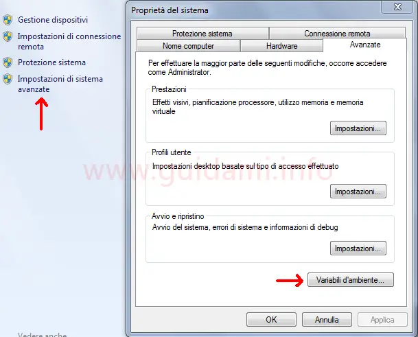 Windows Impostazioni di sistema avanzate finestra Proprietà di sistema Variabili d'ambiente