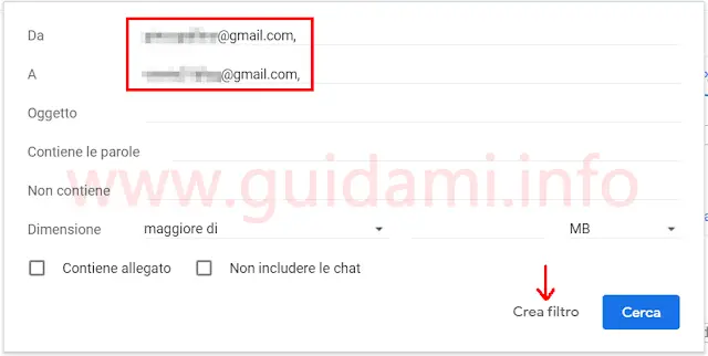 Impostazioni inoltro Gmail indicare indirizzi da a