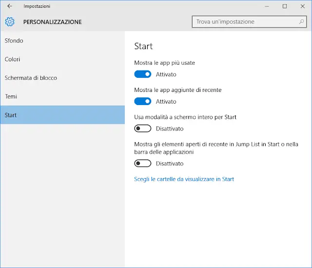 Impostazioni menu Start Windows 10