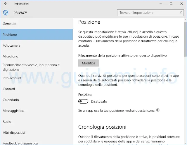 Impostazioni privacy sulla Posizione Windows 10