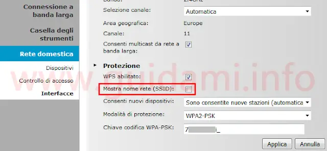 Impostazioni router WiFi disattivare nome SSID