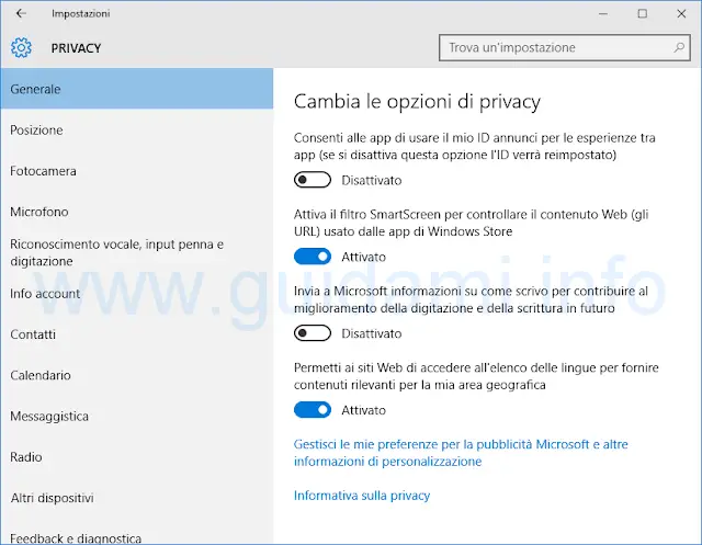 Impostazioni sulla Privacy Windows 10