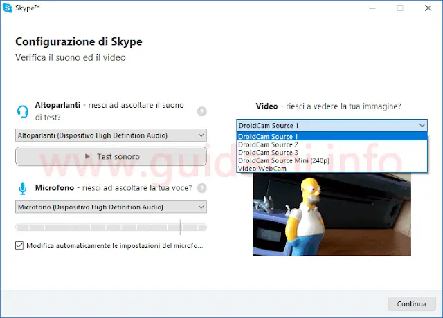 Impostazioni video Skype con DroidCam come opzione webcam